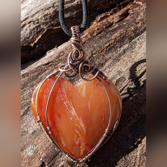 Artisan Jewelry - Hand Crafted Carnelian Heart Pendant Statement Necklace Copper Wire Wrap